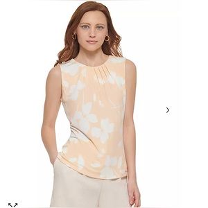 CALVIN KLEIN Floral Pleat Neck Top Peach M